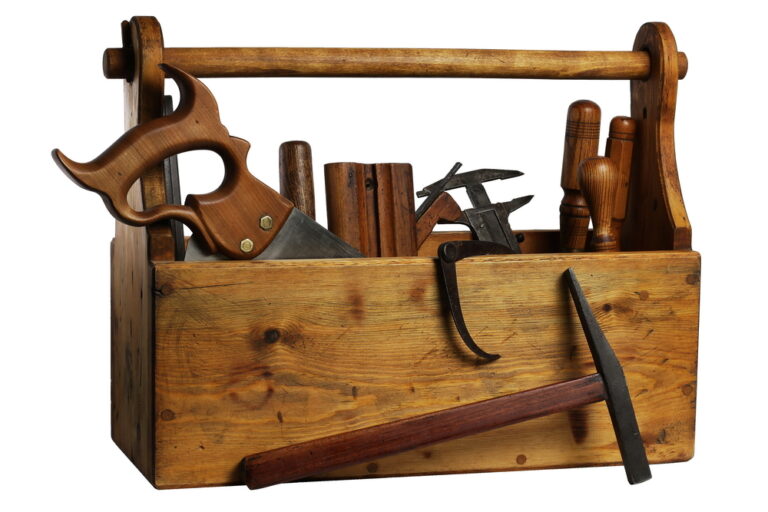 Old,Wooden,Tool,Box,Full,Of,Tools,Isolated,On,White