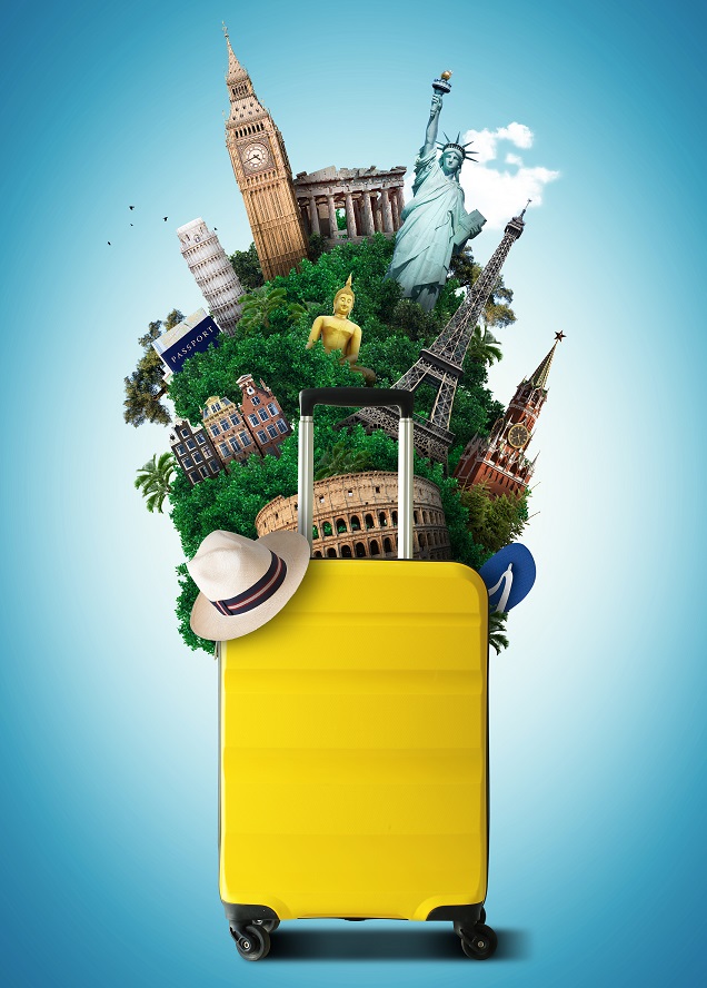 Yellow,Travel,Bag,With,World,Landmark,,Holiday,And,Tourism