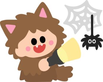 Cute,Halloween,Werewolf,Kid,Holding,Flashlight,Next,To,Spider,On
