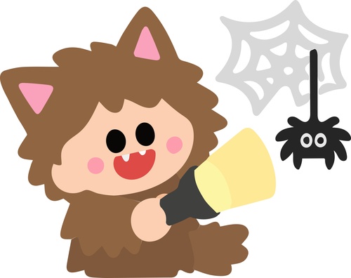 Cute,Halloween,Werewolf,Kid,Holding,Flashlight,Next,To,Spider,On